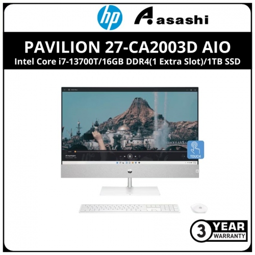HP Pavilion 27-ca2003d AIO TS Desktop-81T38PA-(Intel Core i7-13700T/16GB DDR4(1 Extra Slot)/1TB SSD/No-ODD/WiFi + BT/Intel UHD Graphic/Webcam + Mic/27
