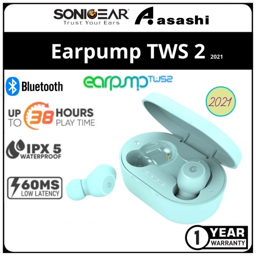 Sonic Gear Earpump TWS 2 (Mint) Wireless Bluetooth Earbuds | Playtime Up to 36 Hours | Low Latency | 1 Year Warranty