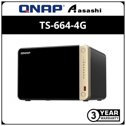 Qnap TS-664-4G 6- Bay NAS Storage (Intel Celeron N5105/N5095 Burst up to 2.9 GHz Quad Core Processor, 4GB Ram,2 x USB 2.0, 2 x 2.5GbE)