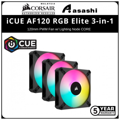 Corsair iCUE AF120 RGB Elite 3-in-1 (Black) 120mm PWM Fan w/ Lighting Node CORE - 2100RPM