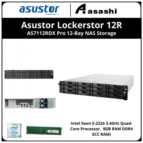 Asustor Lockerstor 12R AS7112RDX Pro 12-Bay NAS Storage (Intel Xeon E-2224 3.4GHz Quad-Core Processor, 2 X M.2 NVMe SSD Slot, 4 x 1GbE Port, 8GB RAM DDR4 ECC RAM)