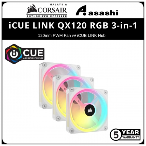 Corsair iCUE LINK QX120 RGB 3-in-1 (White) 120mm PWM Fan w/ iCUE LINK Hub