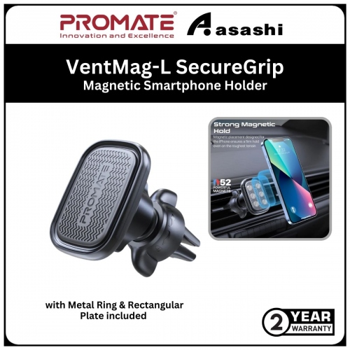 Promate VentMag-L SecureGrip™ AC Vent Magnetic Smartphone Holder with Metal Ring & Rectangular Plate included