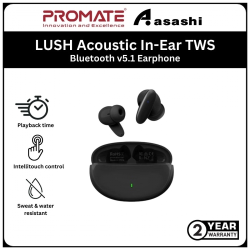 Promate LUSH Acoustic In-Ear TWS Bluetooth v5.1 Earphone with 19-Hour Playback - Black