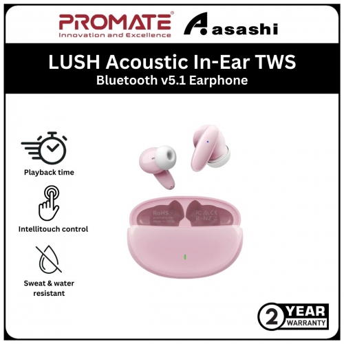 Promate LUSH Acoustic In-Ear TWS Bluetooth v5.1 Earphone with 19-Hour Playback -Pink