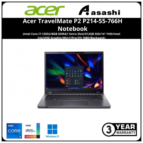 Acer TravelMate P2 P214-55-766H Notebook-(Intel Core i7-1355U/8GB DDR4(1 Extra Slot)/512GB SSD/14