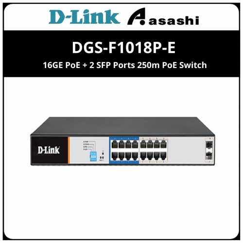 D-Link DGS-F1018P-E 16GE PoE + 2 SFP Ports 250m PoE Switch