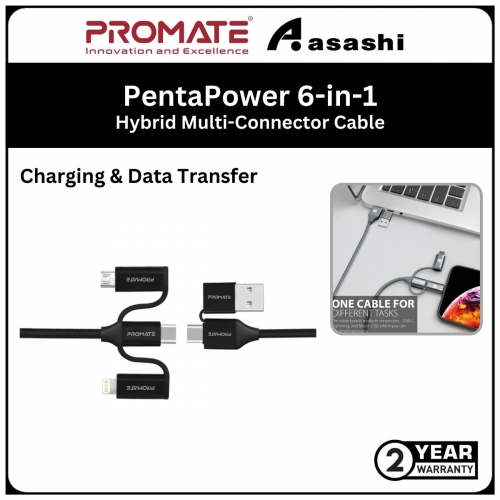Promate PentaPower 6-in-1 Hybrid Multi-Connector Cable for Charging & Data Transfer - Black