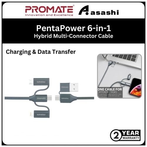 Promate PentaPower 6-in-1 Hybrid Multi-Connector Cable for Charging & Data Transfer - Grey