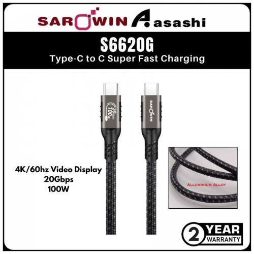 Sarowin S6620G (3.0M) 100W Type C to C 4K/60hz Video Display 20Gbps Super Fast Charging