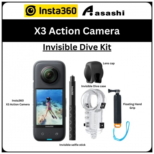 Insta360 X3 Invisible Dive Kit Limited Edition Set (CINSAAQW) - Standalone+Invisible selfie stick+Lens cap+Floating Hand Grip+New Invisible Dive case