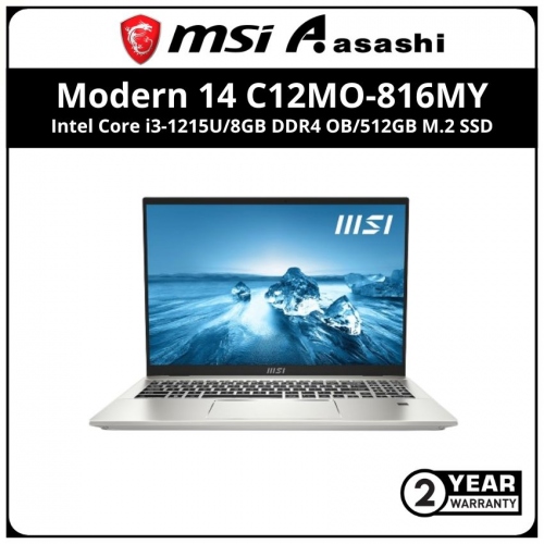 MSI Modern 14 C12MO-816MY Notebook-(Intel Core i3-1215U/8GB DDR4 OB/512GB M.2 SSD/Intel UHD Graphic/14