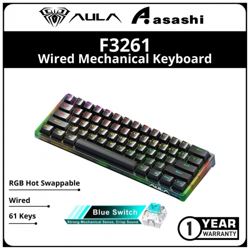 AULA F3261 61 Keys (Black / Blue Switch) RGB Hot Swappable Wired Mechanical Keyboard