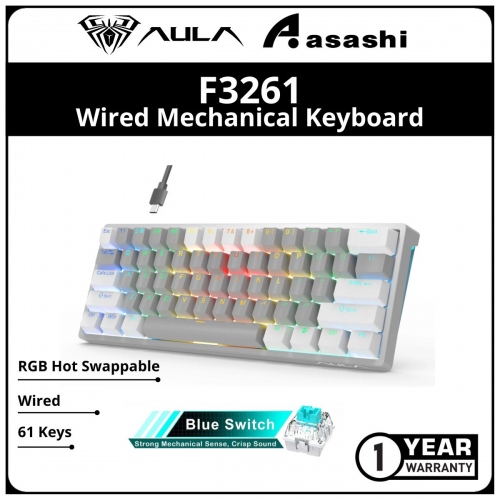 AULA F3261 61 Keys (White Grey / Blue Switch) RGB Hot Swappable Wired Mechanical Keyboard