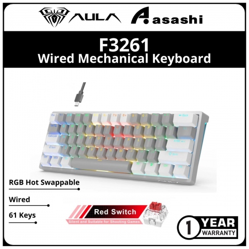AULA F3261 61 Keys (White Grey / Red Switch) RGB Hot Swappable Wired Mechanical Keyboard