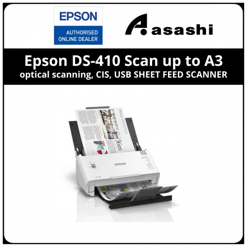 Epson DS-410 Scan up to A3, Duplex, 26ppm/52ipm(200/300dpi), 600x600dpi optical scanning, CIS, USB SHEET FEED SCANNER