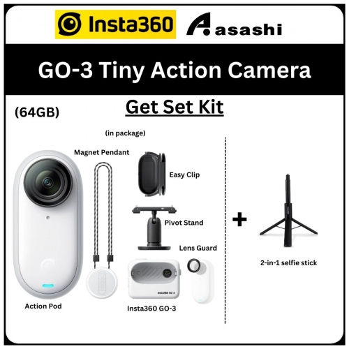 GET SET KIT - Insta360 GO-3 (64gb) Tiny Action Camera with 2in1 Selfie Stick - CINSABKA-GSK (GO301)
