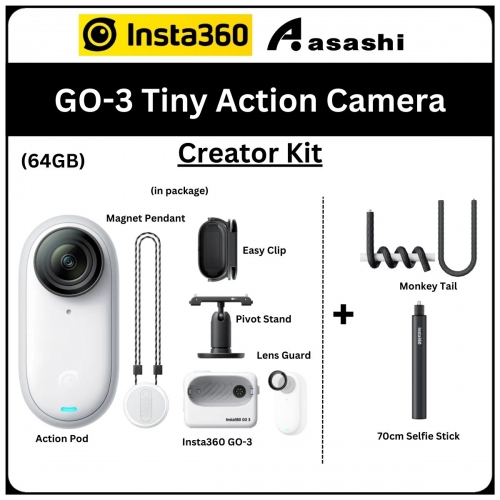 CREATOR KIT - Insta360 GO-3 (64gb) Tiny Action Camera with Monkey Tail + 70cm Selfie Stick - CINSABKA-CK (GO301)