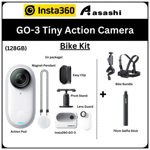 NEW BIKE KIT - Insta360 GO-3 (128gb) Tiny Action Camera with New Bike Bundle + 70cm Selfie Stick - CINSABKA-NBK (GO306)