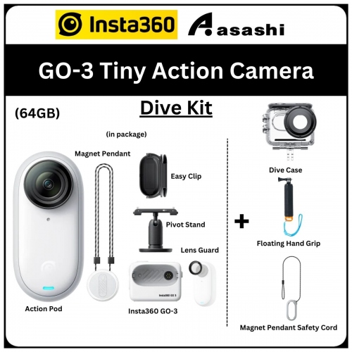 DIVE KIT - Insta360 GO-3 (64gb) Tiny Action Camera with Dive Case + Floating Hand Grip - CINSABKA-DK (GO301)