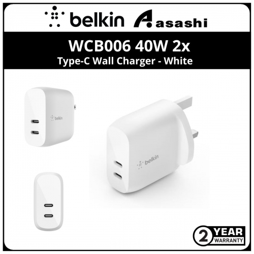 Belkin WCB006 40W 2x Type-C Wall Charger - White (2years Limited Hardware Warranty)