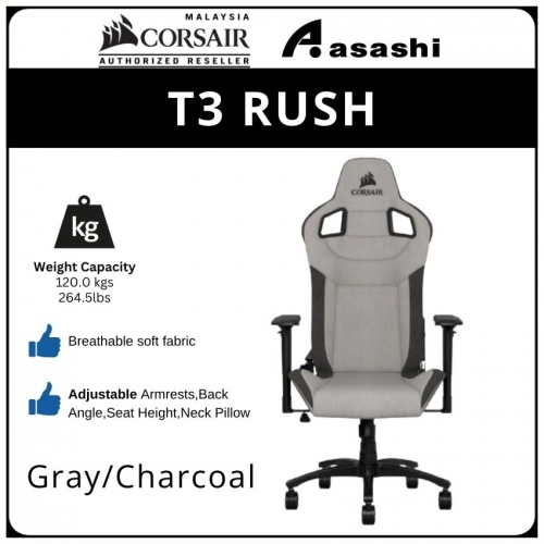 CORSAIR T3 RUSH (Grey/White) - Fabric Gaming Chair, Charcoal CF-9010030-WW