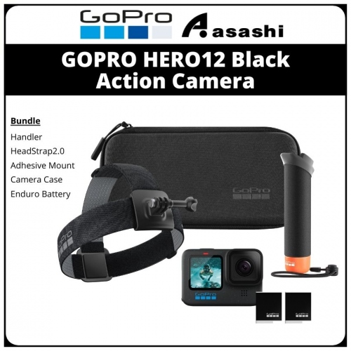 Bundle - GOPRO HERO12 Black Action Camera + Handler / HeadStrap2.0 / Adhesive Mouny / Camera Case / Enduro Battery