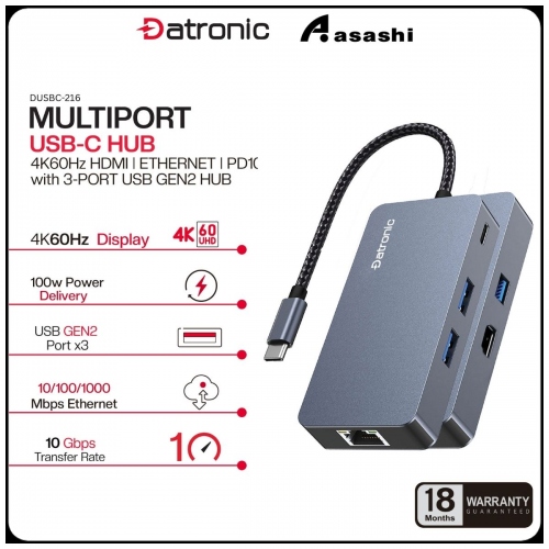 Datronic DUSBC-216 6in1 USB-C to 4K60hz HDMI / USB3.2(10Gbps) x 3 / 100wPD / 1000mbps RJ45