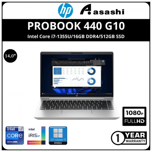 HP Probook 440 G10 Commercial Notebook-9Q0A3PT-(Intel Core i7-1355U/16GB DDR4/512GB SSD/14