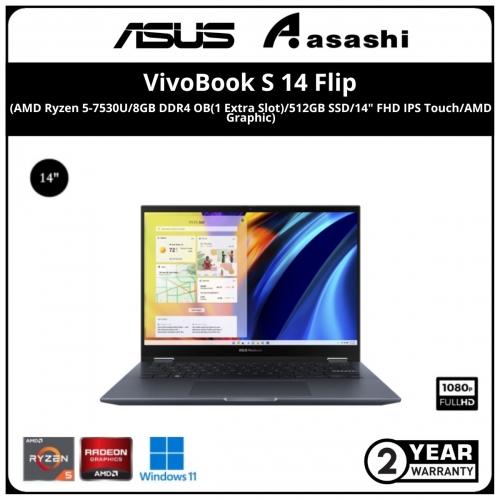 Asus Vivobook Flip TN3402Y-ALZ215WS - (AMD Ryzen 5-7530U/8GB DDR4 OB(1 Extra Slot)/512GB SSD/14
