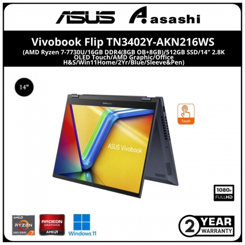 Asus Vivobook Flip TN3402Y-AKN216WS - (AMD Ryzen 7-7730U/16GB DDR4(8GB OB+8GB)/512GB SSD/14