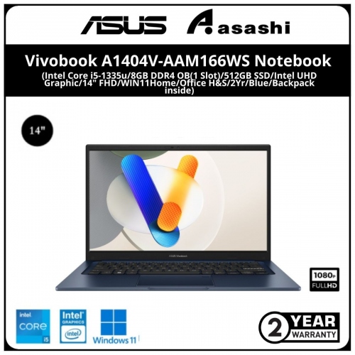 Asus Vivobook A1404V-AAM166WS Notebook (Intel Core i5-1335u/8GB DDR4 OB(1 Slot)/512GB SSD/Intel UHD Graphic/14