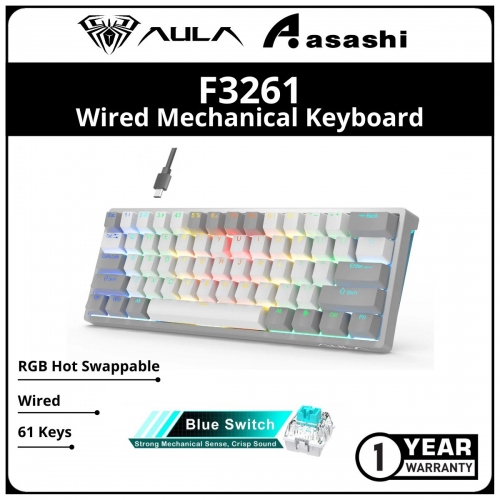 DEMO - AULA F3261 61 Keys (Grey White / Blue Switch) RGB Hot Swappable Wired Mechanical Keyboard
