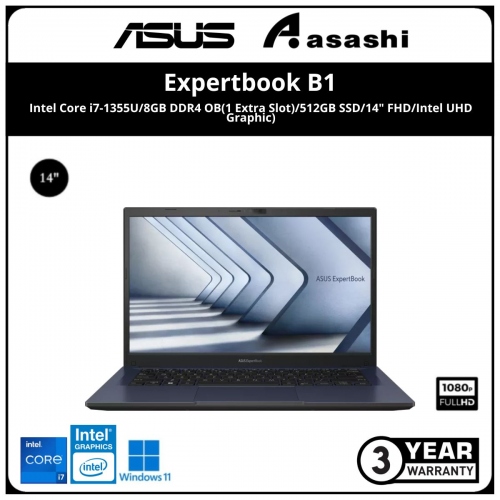 Asus ExpertBook B1 Commercial Notebook-B1402CV-ANK0071X -(Intel Core i7-1355U/8GB DDR4 OB(1 Extra Slot)/512GB SSD/14