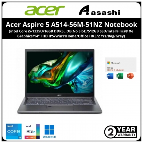 Acer Aspire 5 A514-56M-51NZ Notebook (intel Core i5-1335U/16GB DDR5L OB(No Slot)/512GB SSD/Intel® Iris® Xe Graphics/14