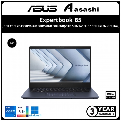 Asus ExpertBook B5402CV-AKI0230X Commercial Notebook (Intel Core i7-1360P/16GB DDR5(8GB OB+8GB)/1TB SSD/14