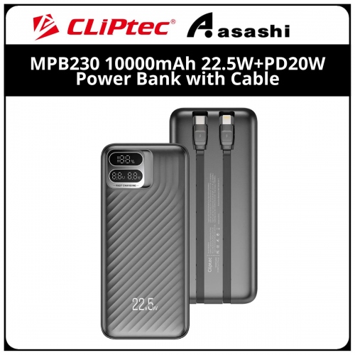 Cliptec MPB230 (Black) 10000mah 22.5+PD20W Power Bank with Built-In Lightning & Type-C Cable