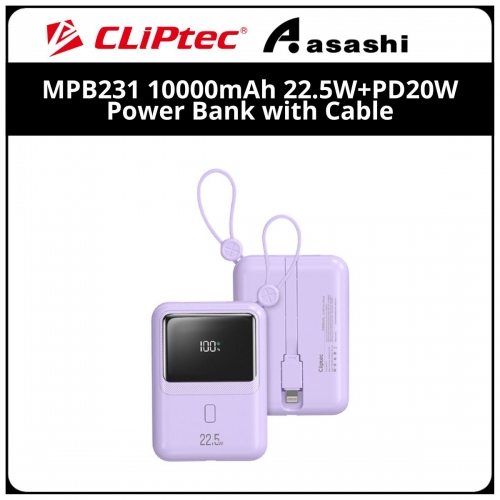 Cliptec MPB231 (Purple) 10000mah 22.5+PD20W Power Bank with Built-In Lightning & Type-C Cable