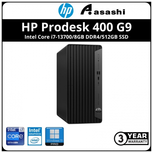 HP Prodesk 400 G9 Tower Commercial PC-9R6P4PT-(Intel Core i7-13700/8GB DDR4/512GB SSD/Intel UHD Graphic/No ODD/Keyboard & Mouse/Win11Pro/3yrs)