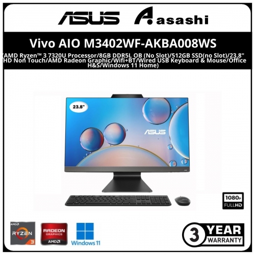 Asus Vivo AIO M3402WF-AKBA008WS-(AMD Ryzen™ 3 7320U Processor/8GB DDR5L OB (No Slot)/512GB SSD(no Slot)/23.8