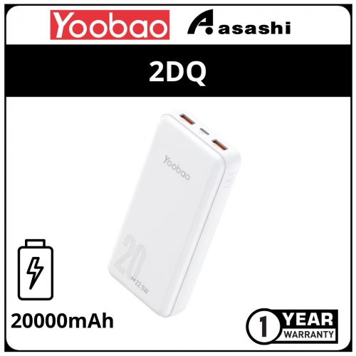 Yoobao 2DQ 20000mAh 22.5W Super Fast Charge Power Bank - White (1 yrs Limited Hardware Warranty)