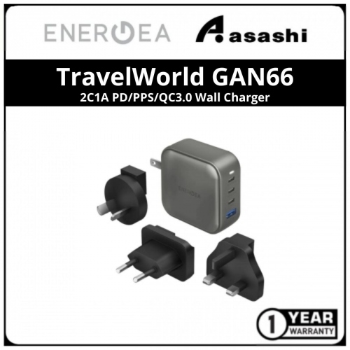 Energea TravelWorld GAN66, 2C1A PD/PPS/QC3.0 Wall Charger 66W - (US+UK+EU+AUS) - Gun (1 yrs Limited Hardware Warranty)
