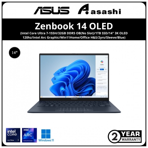 Asus Zenbook 14 OLED UX3405M-APP146WS-(Intel Core Ultra 7-155H/32GB DDR5 OB(No Slot)/1TB SSD/14