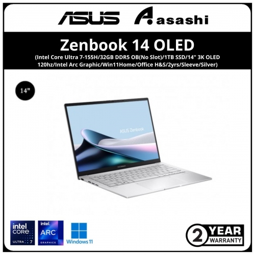 Asus Zenbook 14 OLED UX3405M-APP145WS-(Intel Core Ultra 7-155H/32GB DDR5 OB(No Slot)/1TB SSD/14