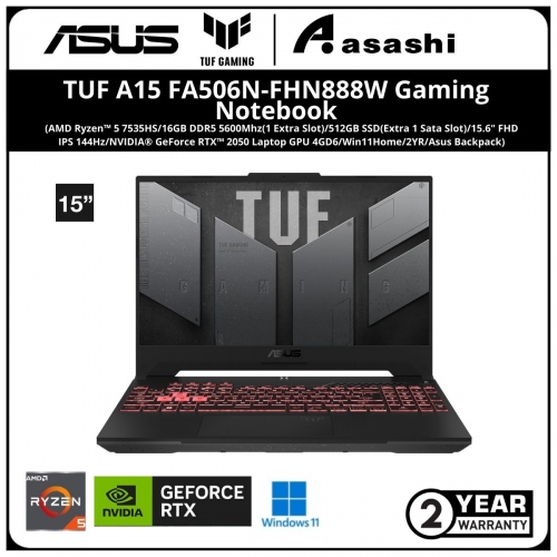 Asus TUF A15 FA506N-FHN888W Gaming Notebook - (AMD Ryzen™ 5 7535HS/16GB DDR5 5600Mhz(1 Extra Slot)/512GB SSD(Extra 1 Sata Slot)/15.6