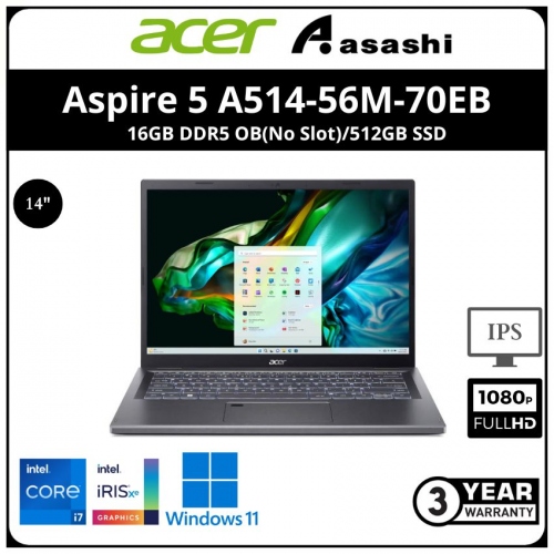 Acer Aspire 5 A514-56M-70EB Notebook (intel Core i7-1355U/16GB DDR5 OB(No Slot)/512GB SSD/Intel® Iris® Xe Graphics/14