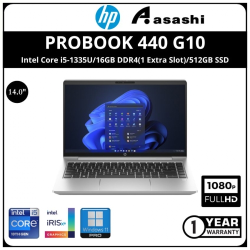 HP Probook 440 G10 Commercial Notebook-9U2D0PT)-(Intel Core i5-1335U/16GB DDR4(1 Extra Slot)/512GB SSD/14