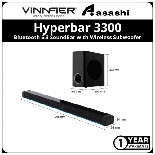 Vinnfier Hyperbar 3300 Bluetooth 5.3 SoundBar with Wireless Subwoofer - 1Y
