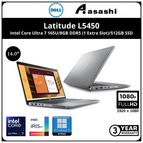 Dell Latitude L5450-U7165-8G-512-W11 Commercial Notebook (Intel Core Ultra 7 165U/8GB DDR5 5200Mhz(1 Extra Slot)/512GB SSD/14