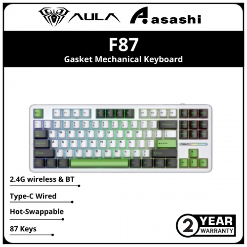 AULA F87 (White Green)Gasket Mechanical Keyboard 87 Key RGB Tri-Mode Wired Bluetooth 2.4G Gasket Structure Hot-swap Gaming Keyboard - Gray wood switch V3